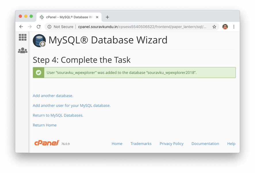 在cpanel中創建新的mysql資料庫已成功創建